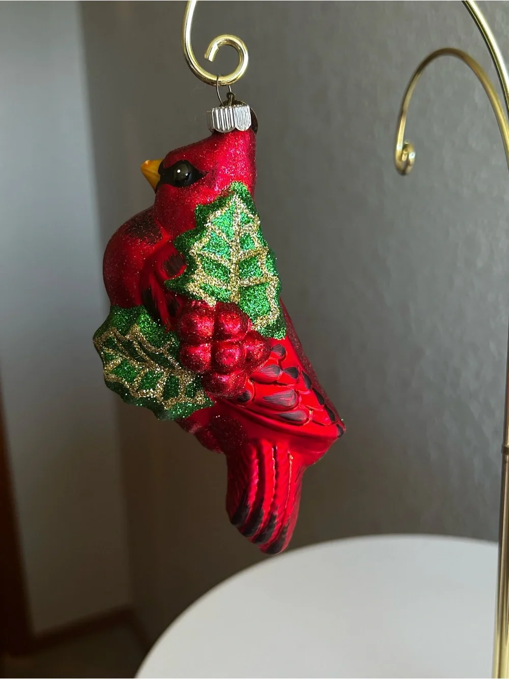 Christopher Radko Red Cardinal Glass Ornament with Green and Gold Accents